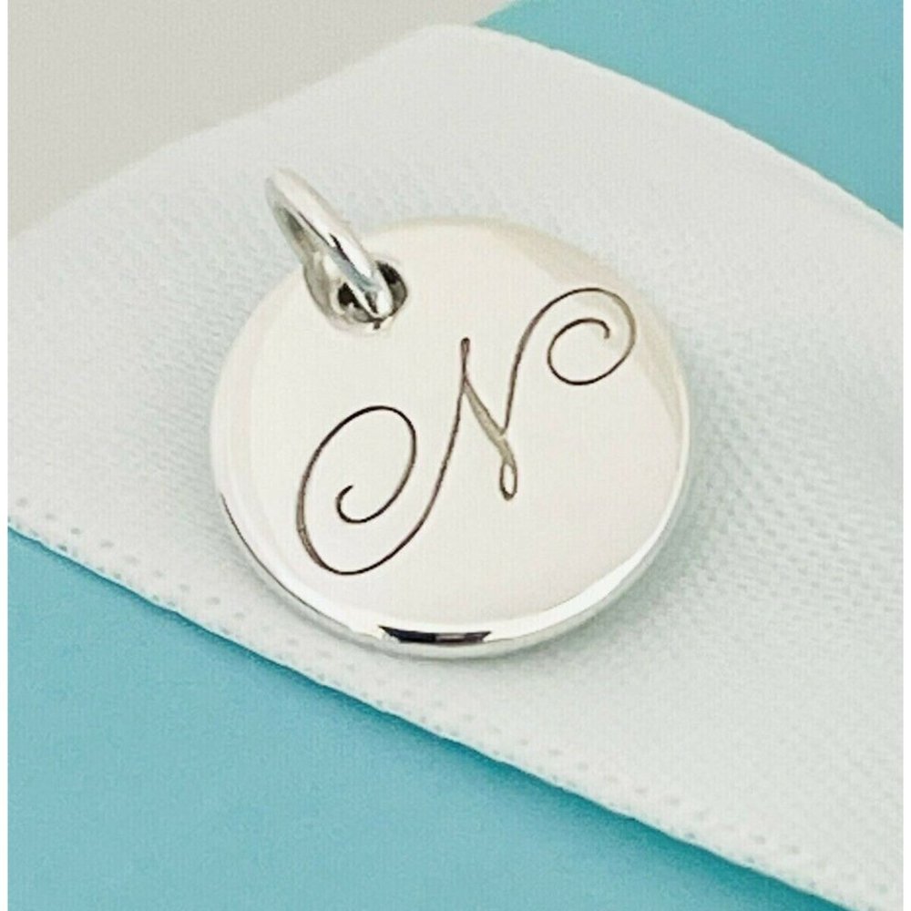 Tiffany Letter N Alphabet Initial Round Circle Disc Notes Silver Charm Pendant